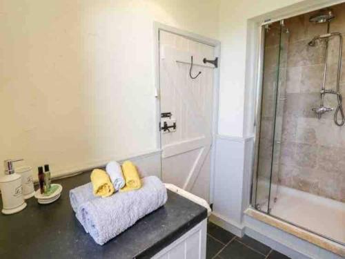 een badkamer met een douche en 2 gele handdoeken bij Pandy Farmhouse - Panoramic mountain views within Snowdonia's National Park - 4x4 recommended in Dolgellau