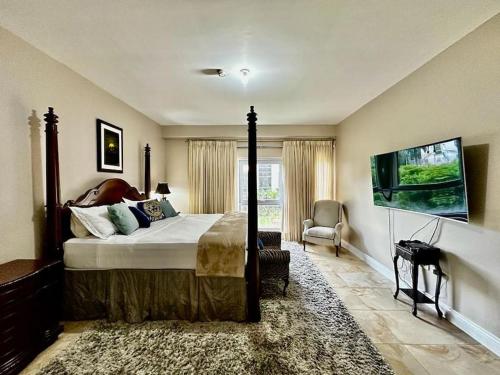 a bedroom with a large bed and a television at Luxurious Retreat in Port-of-Spain