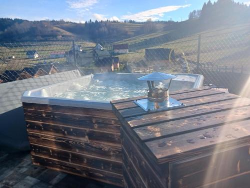 a jacuzzi tub with a scale on top of it at Motylowe Wzgórze Apartamenty Zawóz in Zawóz