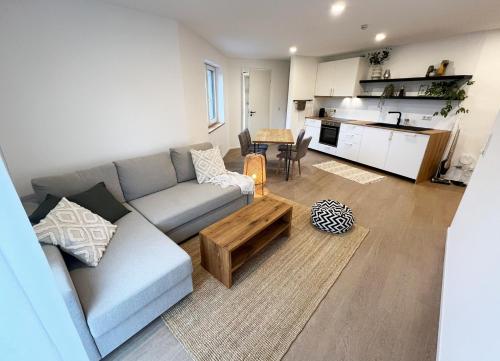 ein Wohnzimmer mit einer Couch und einem Tisch in der Unterkunft FeWo Anders - Neubau mit Balkon im Bergischen Land in Reichshof 