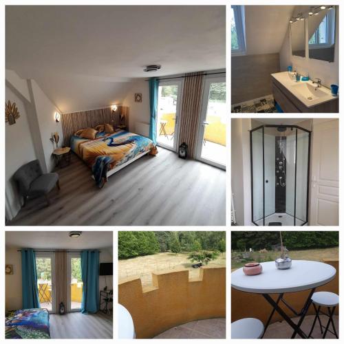 un collage de photos d'une chambre et d'une pièce dans l'établissement Villa suzana, à La Suze-sur-Sarthe
