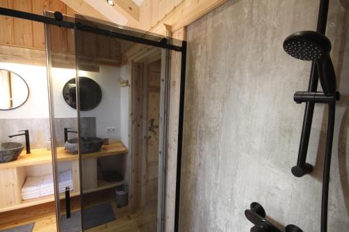 a shower with a glass door in a bathroom at Almdorf im Winkl - Blockhüttendorf in Gröbming in Gröbming