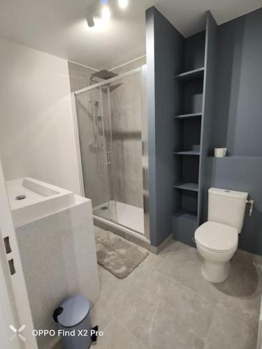 een badkamer met een wit toilet en een douche bij Appartement cosy et chaleureux in Cergy