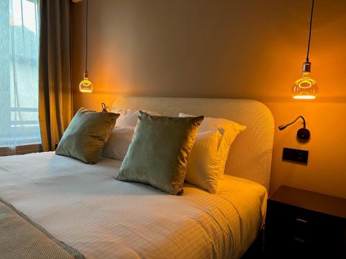 um quarto com uma cama com duas almofadas e luzes em Les Villas du Domaine de Suzel em Vignieu