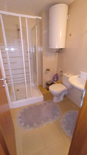 a bathroom with a shower and a toilet and a sink at Predela 1 in Bansko