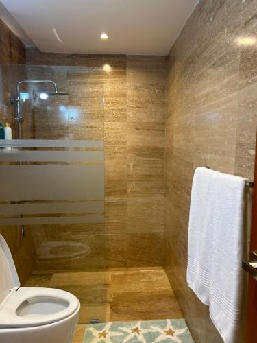 a bathroom with a toilet and a shower at Casa Coral in San Felipe de Puerto Plata
