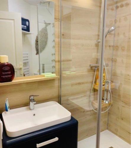 y baño con lavabo blanco y ducha. en Rdj aux issambres, en La Garonnette-Plage