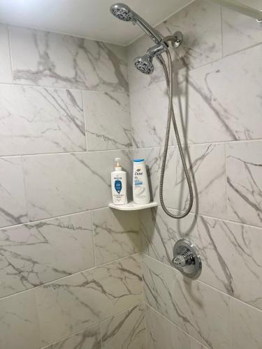 a bathroom with a shower with white marble tiles at Tallahassee Midtown - 2BR 2BA - 2mi FAMU FSU - 2blks TMH in Tallahassee