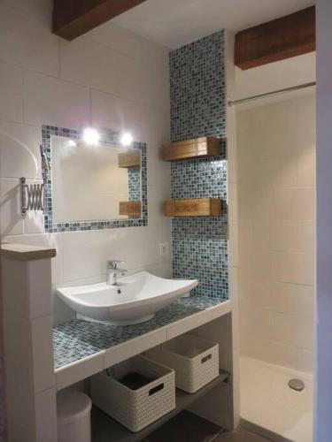 une salle de bain avec un lavabo et un miroir dans l'établissement Les Tarraïettes au pied du Luberon, à Lourmarin