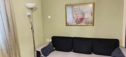 ein Wohnzimmer mit einem schwarzen Sofa und einer Lampe in der Unterkunft Virginia Apartment in Thessaloniki