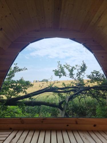 an arched window in a wooden building with a tree at Loft Apartment mit großer Badewanne B in Mügeln
