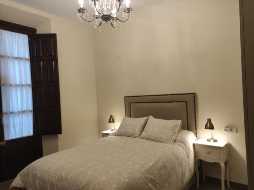 um quarto com uma cama e um lustre em Granada Historic Center Apartment em Granada