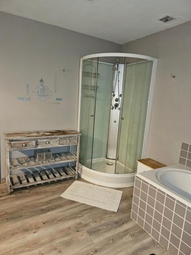 een badkamer met een douche en een bad bij Maison d'autrefois in Bouillon