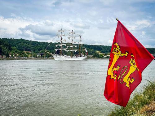 a boat on the water with a red flag at Maison normande au bord de Seine, Le Verger de Pacôme in Anneville-Ambourville
