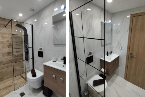 Un baño con inodoro y ducha de cristal. en Beachfront Studio Kyma West ~ Crete's Hidden Gem, en Kalí Limenes