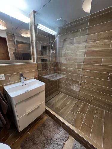 uma casa de banho com um lavatório e um chuveiro em WEF Davos - Klosters Comfort Retreat with Fireplace, Pool & Sauna em Klosters Serneus