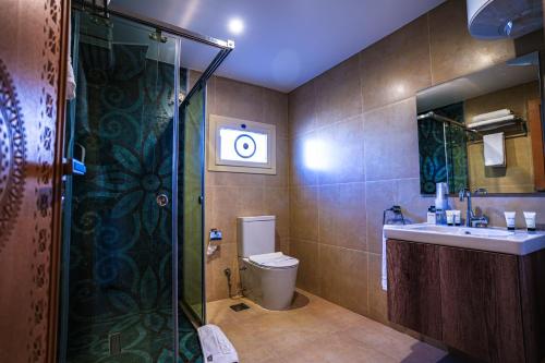 a bathroom with a shower and a toilet and a sink at DouDou Pyramids View Hotel in Cairo