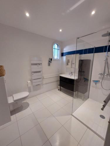une salle de bain blanche avec une douche et un lavabo dans l'établissement La maison des Alpilles, à Saint-Étienne-du-Grès