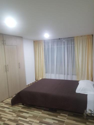 ein Schlafzimmer mit einem großen Bett vor einem Fenster in der Unterkunft APARTAMENTO AMOBLADO BARRIO LAS VIOLETAS in Pasto