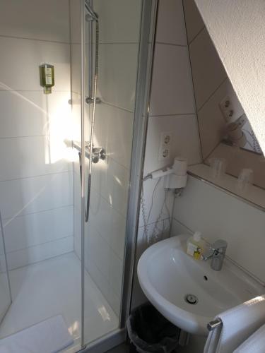 a bathroom with a shower and a sink at Kurparkhotel-Gemünd in Gemünd