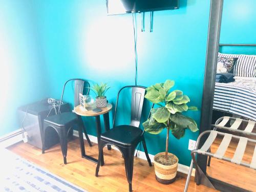 a room with two chairs and a table with a plant at Peekskill Guesthouse - Downtown Peekskill in Peekskill