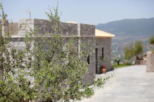 a stone building with a bush in front of it at Petra Thea in Kalamata