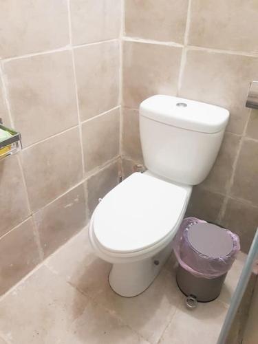 a bathroom with a white toilet and a trash can at Dinos' House in Skiros