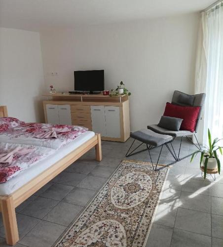 a bedroom with a bed and a chair and a television at U kapličky, Boskovice in Boskovice