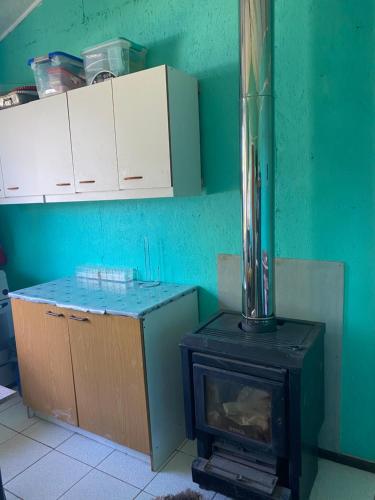uma cozinha com fogão numa sala com paredes verdes em Cabaña a metros de playa em Valdivia