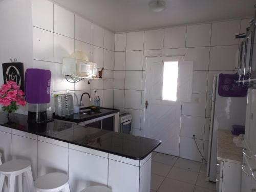 uma cozinha com um lavatório e uma bancada em Chácara Família Nacer em Serra de São Bento