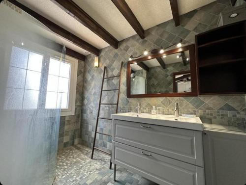 a bathroom with a sink and a mirror and a shower at La bergerie des Landes in Lit-et-Mixe