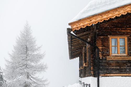 a log cabin with a snow covered tree in the background at Peer Alm in Navis
