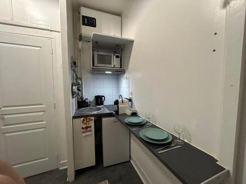 une petite cuisine avec un évier et un micro-ondes dans l'établissement Cozy studio in Paris 15eme, à Paris
