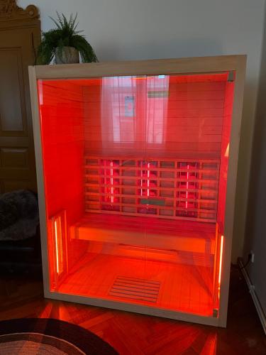 a red refrigerator with its door open in a room at Golden Key Apartments in Liberec