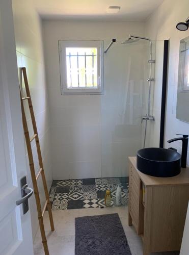 une salle de bain avec une douche, un lavabo et une baignoire dans l'établissement Chambre a la campagne, à Campsas