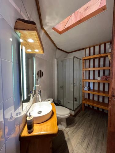 ein Bad mit einem Waschbecken, einem WC und einer Dusche in der Unterkunft Huiro Lodge in Puerto Corral