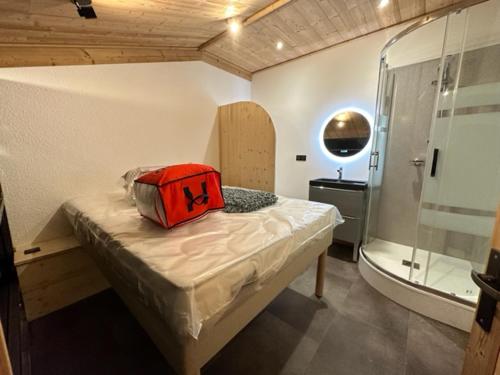 a bedroom with a bed with a red bag on it at TIGNES VAL CLARET A LA CONQUETE DES SOMMETS 314 in Tignes