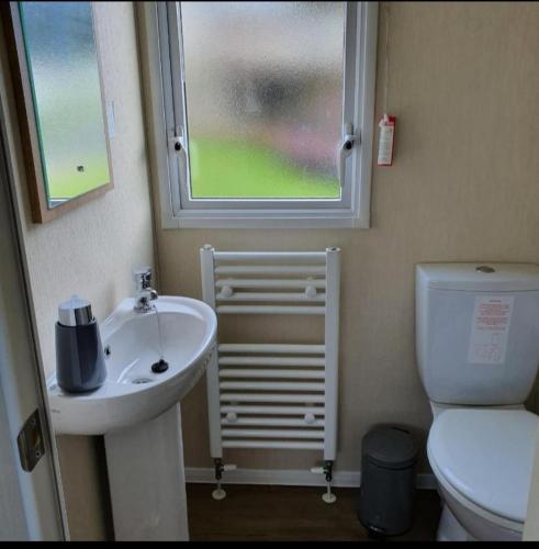 a bathroom with a sink and a toilet and a window at Port Carlisle Caravan near Bowness on Solway in Carlisle