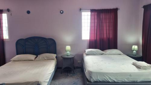 two beds in a room with two windows and two lamps at Il Triangolo Hostel in Las Galeras