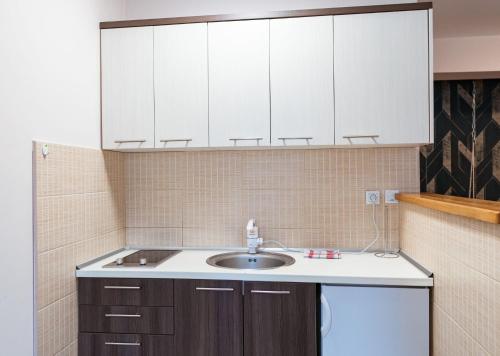 a kitchen with a sink and white cabinets at Apartments and rooms Max-Well in Jahorina