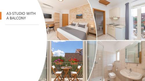 a collage of photos of a bedroom and a bathroom at APARTMENTS4YOU SUPETAR-the BEST and MOST POPULAR apartments for DISCOVERING the island in Supetar