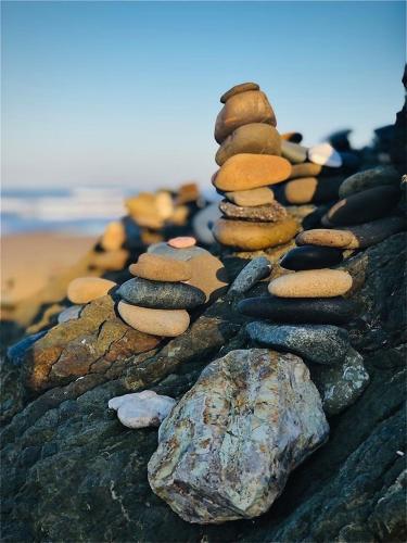 un cumulo di rocce seduto su una spiaggia di Anderson Inn a Morro Bay