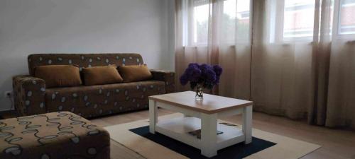 ein Wohnzimmer mit einem Sofa und einem Tisch in der Unterkunft Apartamento da Matilde in Santa Cruz das Flores