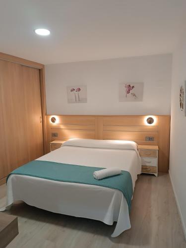 ein Schlafzimmer mit einem großen weißen Bett und Holzwänden in der Unterkunft Apartamentos turisticos Ávila Puerta del Puente 1-3 in Avila