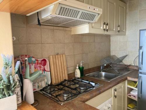 a kitchen with a stove top oven next to a sink at Acogedor Departamento amoblado Viña del Mar Poniente 2D 1B in Viña del Mar