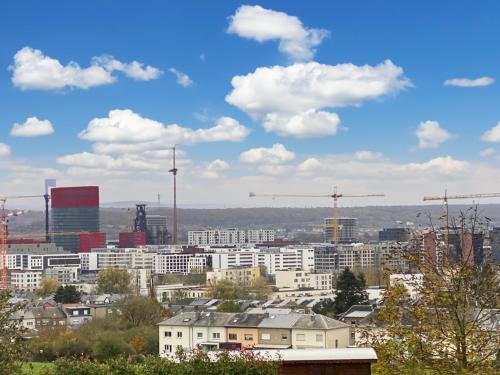 a view of a city with buildings and cranes at Cozy Appartement Belvaux in Belvaux