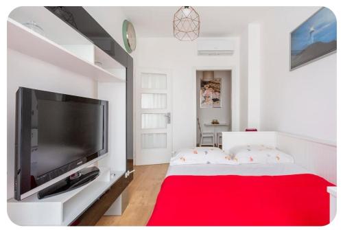 sala de estar con TV grande y alfombra roja en Casa Rizzoli - bilocale vicinissimo M2, en Milán