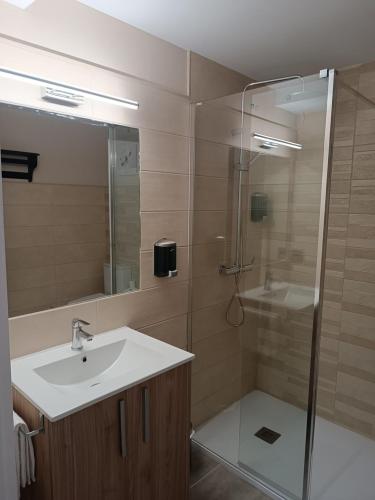 ein Bad mit einem Waschbecken und einer Dusche in der Unterkunft Apartamentos turisticos Ávila Puerta de San Isidro 1-4 in Avila