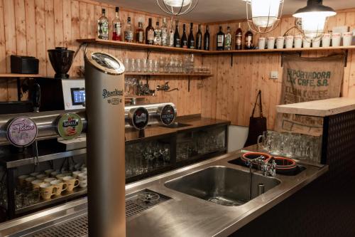 uma cozinha com um lavatório e um balcão com garrafas em Penzion a Restaurace Kamínek em Doksy