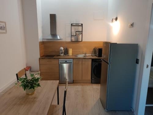 eine Küche mit einem Kühlschrank aus Edelstahl und einer Spüle in der Unterkunft Apartamentos turisticos Ávila Puerta de la Santa 2-1 in Avila